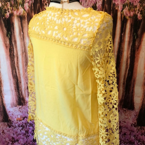 BOHO STYLE LIGHT LACED LONG SLEEVE YELLOW TOP SM - Picture 3 of 8